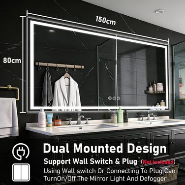 Дзеркало для ванної кімнати 50x70 см з підсвічуванням LED, антизапарник, диммер, 3 кольори світла