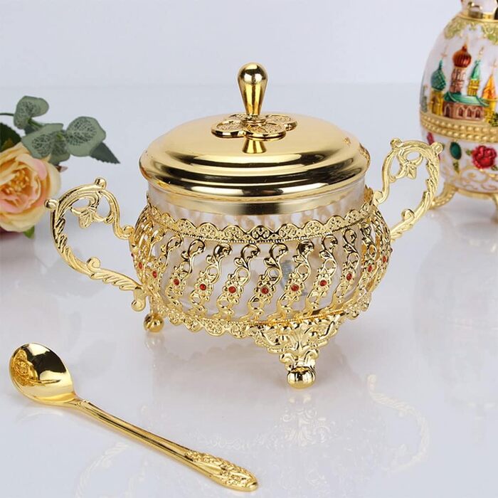 Кашниця для цукру з кришкою та ложкою Kaixinbukaixin, золота, з нержавіючої сталі, для спецій, солі, перцю, цукерок