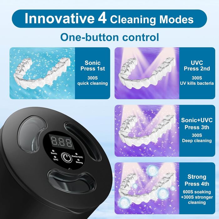 Ультразвуковий очищувач для кап, брекетів та елайнерів з УФ-стерилізацією 45 кГц, 4 режими, 200 мл, чорний