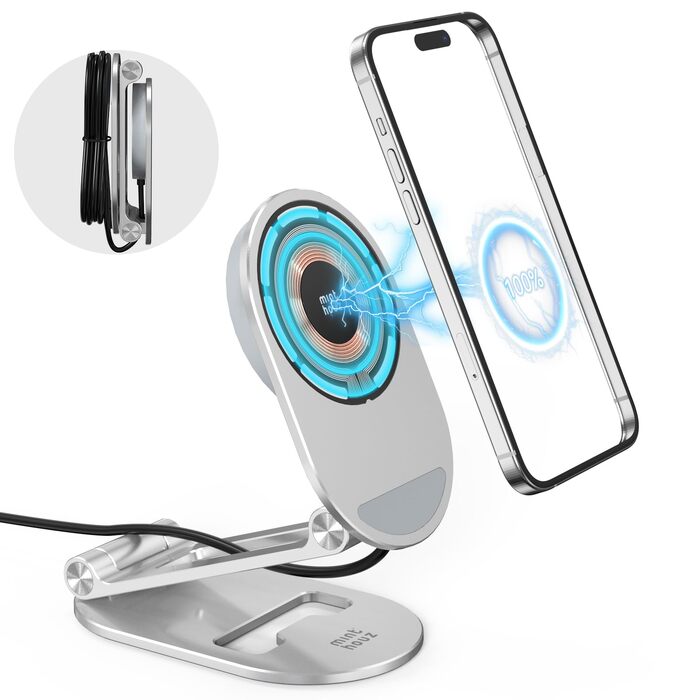 Магнітна бездротова зарядна станція Minthouz 20W USB-C: регульована підставка з алюмінію для iPhone 16, 15, 14, 13, 12 та AirPods Pro