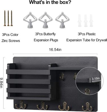 Настінна вішалка для ключів з дерев'яною поштою та полицею, ключниця на стіну, дерев'яне ключове тримач, 4 гачки, рустикальний декор для входу, передпокою, офісу, чорний