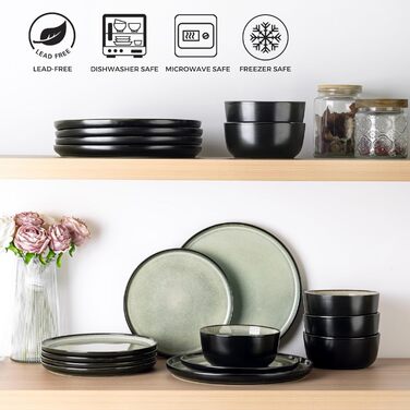 Набір посуду AmorArc з кераміки на 4 особи: тарілки та миски, реактивна глазур, міцний, для миття в посудомийній машині та використання в мікрохвильовці, комплект на 8 осіб (24 елементи) (Сервіз на 4, матовий чорний, оливковий)