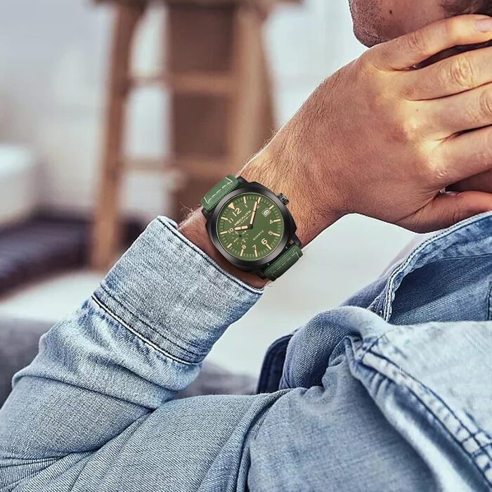 MEGALITH Годинник чоловічий Military Sport Outdoor, водонепроникні з шкіряним ремінцем, сталевий корпус, велике циферблат, з підсвічуванням, календар, дата, кварцові, чоловічі годинники