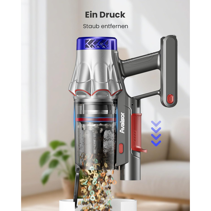 Бездротовий пилосос Avalsor Akku з потужністю 48000Pa/580W, 70 хвилин роботи, об'ємом 1,8 л, видаленням попелу, антизаплутана щітка, 8-шарова фільтрація. Підходить для килимів та шерсті тварин.