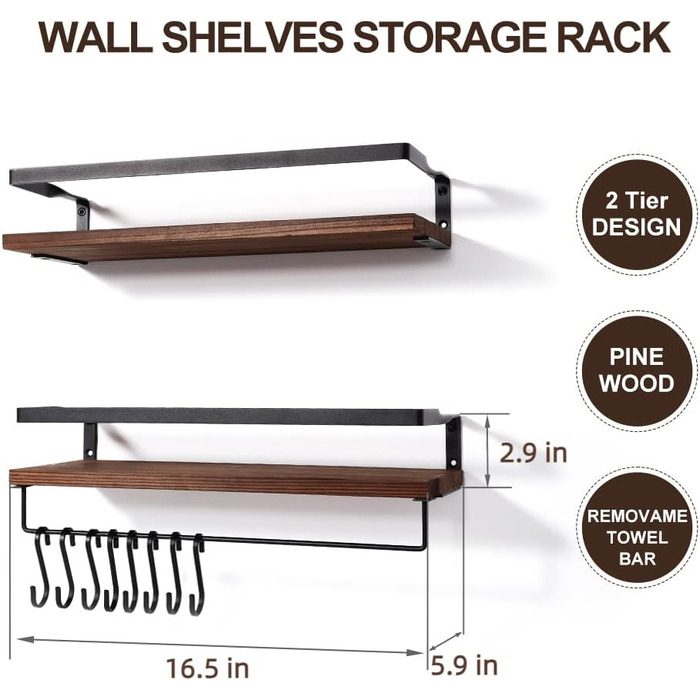 Настінна полиця з дерева, 2 шт. у комплекті, світло-коричнева, для спальні, вітальні, ванної кімнати, кухні, офісу (ретро-кавовий колір)