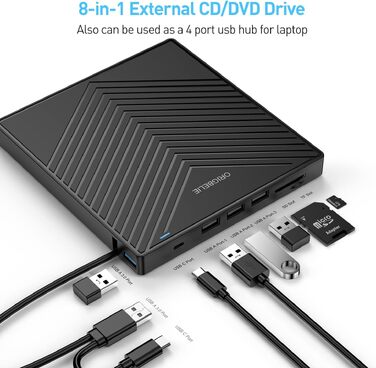 Зовнішній DVD-накопичувач ORIGBELIE з 4 USB та 2 TF/SD слотами, ультратонкий CD/DVD-привід (записувач та рідер) для ноутбука, PC, Mac, Windows 11/10/8/7, Linux
