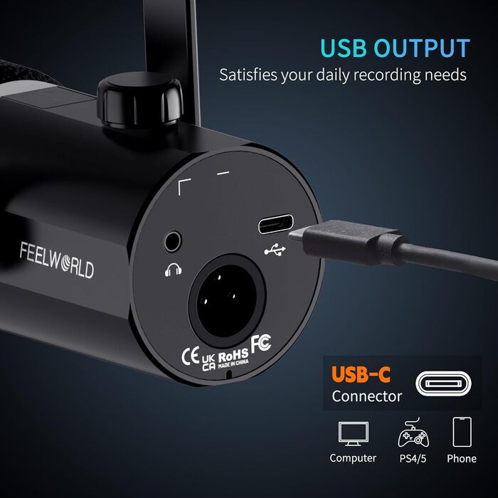 FEELWORLD PM1 Динамічний мікрофон XLR/USB з RGB-підсвічуванням для запису подкастів, геймінгу та YouTube. Комплект з підсвічуванням, навушником, підставкою та XLR-кабелем