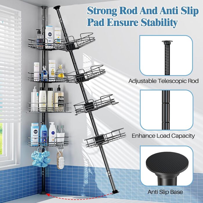 Телескопічна поличка для душу, регульована висота 58,5-317,5 см, чорна. Без свердління, для ванної кімнати