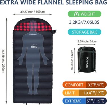 Сплячий мішок Outdoor Winter для дорослих, Extra Wide, 3-4 сезони, XXL, теплий бавовняний фланелевий ковдровий спальний мішок для кемпінгу, походів, пригод, 230 * 100CM, червоний, L-Zip, 0℃
