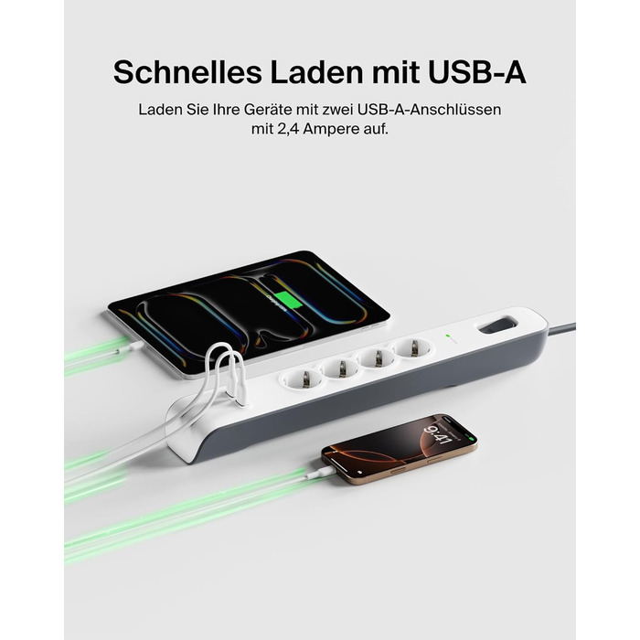 Мережевий фільтр Belkin з захистом від перенапруги та USB-портами, 8 розеток, 2 USB-A, 2.4A, кабель 2м, для дому та офісу