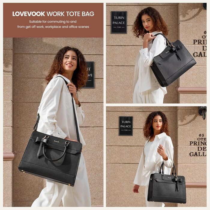 LOVEVOOK Сумка для ноутбука 15.6/17.3 дюйма, жіноча, шкіряна, для роботи/навчання, універсальна, сумка-тоут, шкіряна, чорна