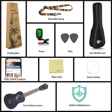 Укулеле Everjoys Sopran для дорослих 21 дюйм, стартовий набір з чохлом, тюнером, зошитом пісень, струнами та медіатором, маленька гавайська гітара, чорний колір