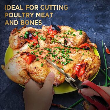 Універсальні кухонні ножиці 21 см з нержавіючої сталі, для риби, птиці, горіхів, з захистом леза, миючі в посудомийній машині, для лівшів, червоні