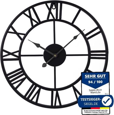 Samilito Large Wall Clock in Vintage Style, Round, Silent. Free with it: ONE extra set of clock hands in Black. Metal clock for loft, living room, bedroom and kitchen decoration (60cm, Black)