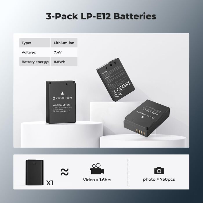Акумулятор K&F Concept для Canon LP-E12 з зарядним пристроєм, 1100mAh, сумісний з Canon EOS M, M2, M10, M50, M50 Mark II, M1, M100, M200, PowerShot SX70 HS, Rebel SL1