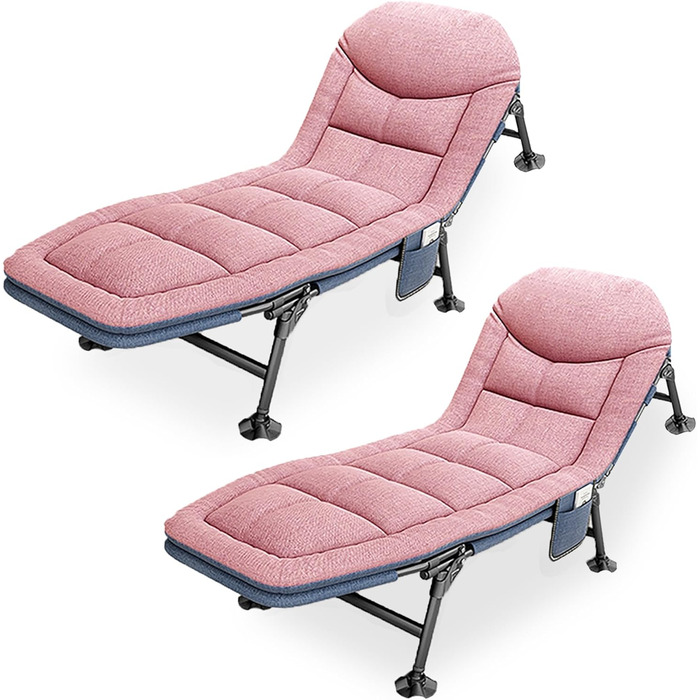 Розкладне ліжко-крісло для кемпінгу з матрацом, регульована спинка, 65x190x30 см, 1-місне, рожевий (2 шт.)