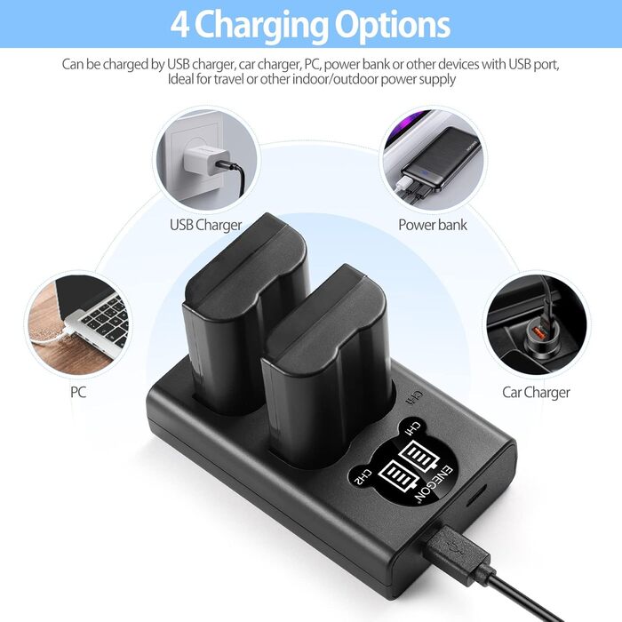 Запасний акумулятор EN-EL15 (2 шт.) та зарядний пристрій Dual LED USB для камер Nikon Z6, Z7, Z8, D7500, D7000, D7100, D7200, D500, D600, D610, D750, D780, D800, D810, D800E, D810A, D850