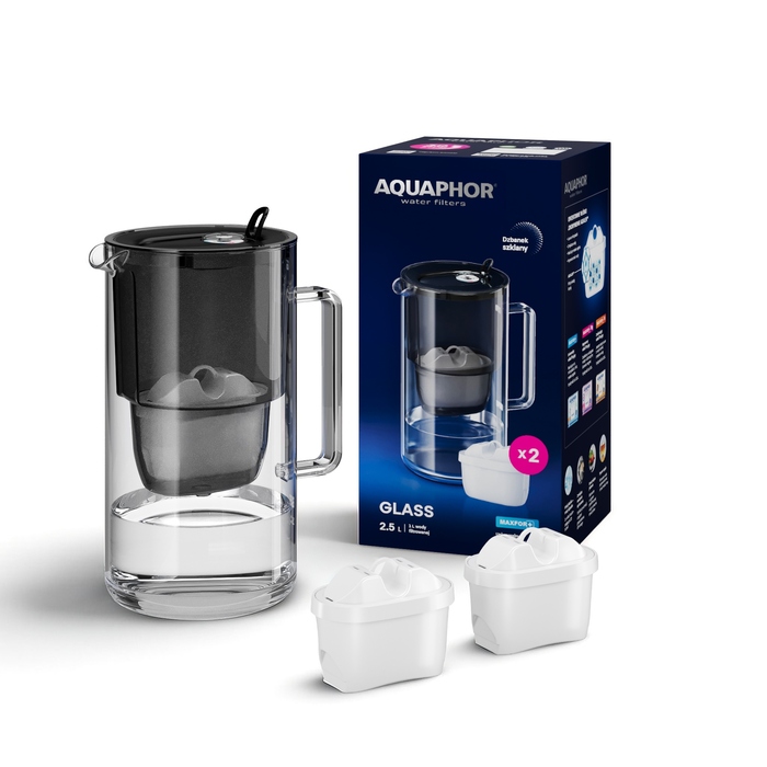 Скляний фільтр-кувшин Aquaphor Glass 2,5 л + 2 картриджі Maxfor+ Mg, чорний