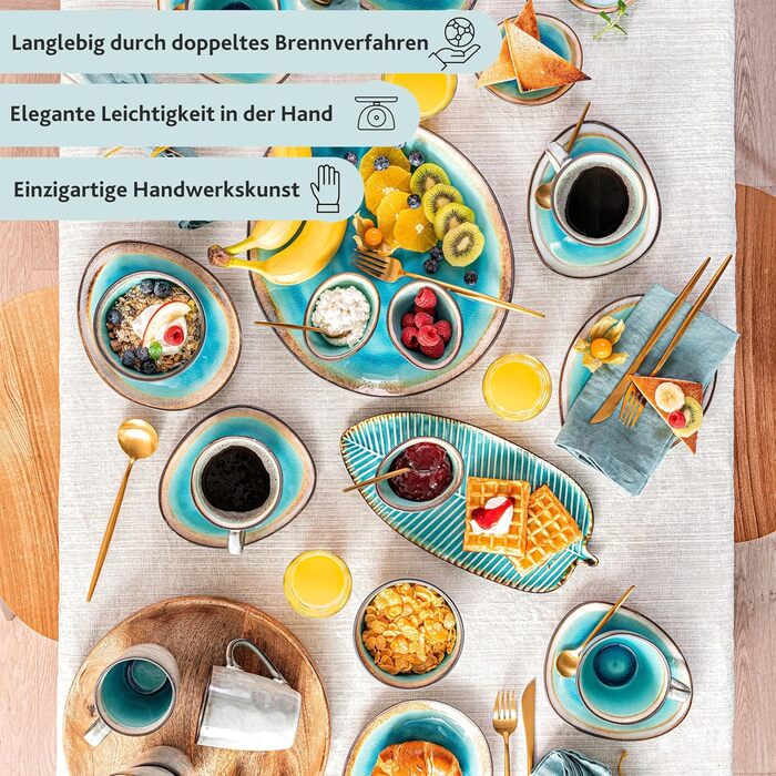 SÄNGER | Capri Tableware Set, 23-Piece, Plate Set for 4 People, Stoneware Plates Set including Serving Plates, Dessert Plates, Dinner Plates & Bowls, Handmade Plates, Turquoise Blue Tableware Set with Grey Rim, 23-Piece