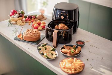 Philips Airfryer XXL with Rapid Air Technology - Hot Air Fryer with 7.3L Capacity, 90% Less Fat, Smart Sensing for Perfect Results, QuickClean, Recipe App, Black/Copper (HD9867/90)