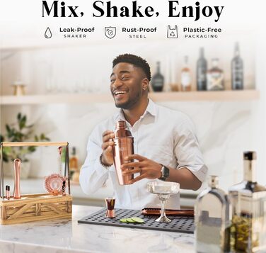 Набір бармена для приготування коктейлів Rose Gold 24oz: 12 предметів, дерев'яний підставник, рецепти, професійний барний аксесуар