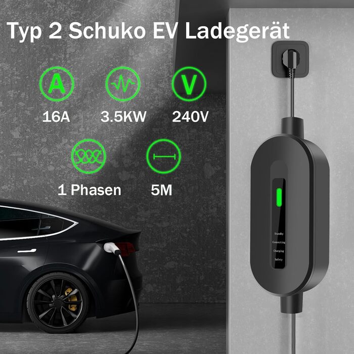 Кабель для зарядки електромобіля Type 2 Schuko 3,7kW, 16A, 5м, для електромобілів та гібридів - чорний