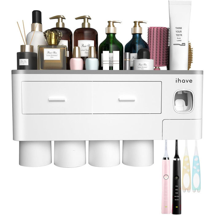 iHave Toothbrush Holder Wall Mounted, 4 Cup Toothbrush Holder with Toothpaste Dispenser - Tray with Large Capacity, 2 Cosmetic Drawers - Bathroom Organizer Storage, White