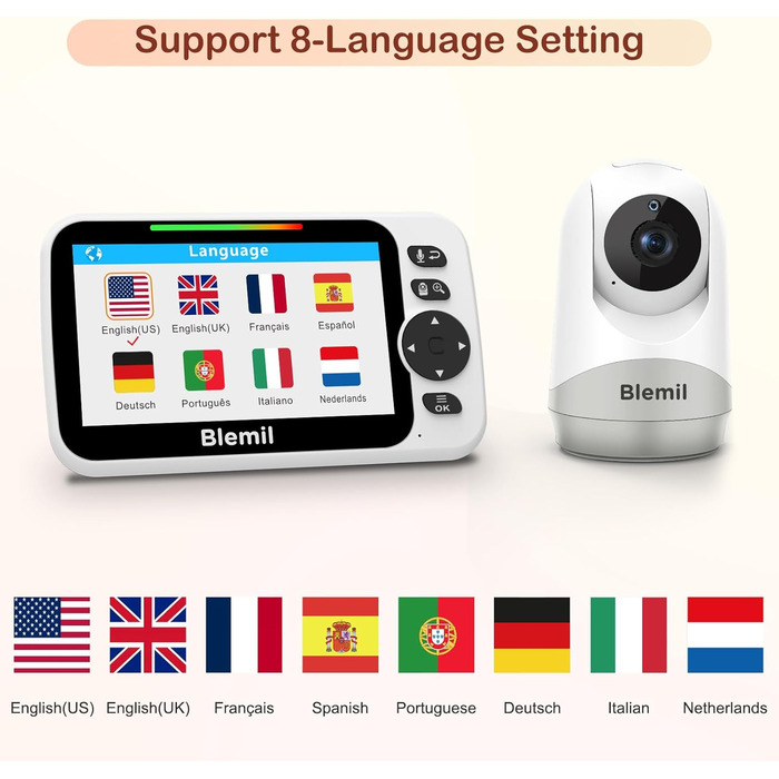 Дитячий відеоняня з камерою, аудіо, акумулятором 30 годин, 5-дюймовий екран, дистанційне керування поворотом/нахилом/зумом, двосторонній зв'язок, нічне бачення, без WiFi BL9052