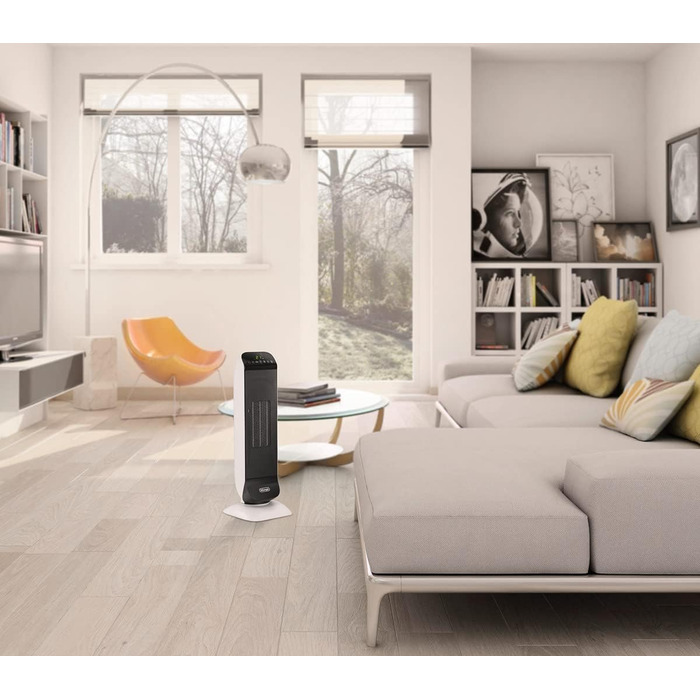 De'Longhi Tower Ceramic Heater Fan, Fast Heating with 2 Power Levels, Remote Control, 24h Timer, Eco Function, Safety Thermostat, Rear Handle, 2000W, HFX25S20, White/Black