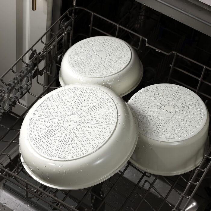 Набір посуду Carote 18 предметів: каструлі та сковороди з керамічним антипригарним покриттям, знімні ручки, індукція, кремово-білий