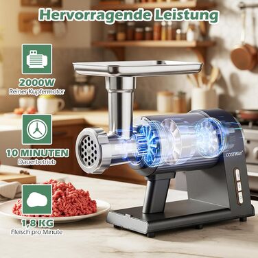 М'ясорубка електрична COSTWAY 2000 Вт з насадками для ковбас та кеббе, 3 диски, контейнер для зберігання - для дому та кухні