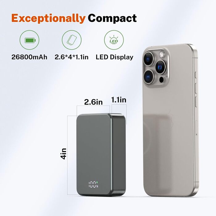 Магнітний портативний Power Bank 26800mAh з USB-C, для iPhone та Android (сірий метал)