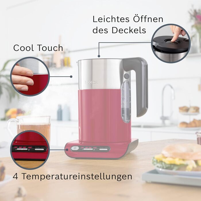 Bosch Kettle Styline TWK8614P, automatic shut-off, overheat protection, temperature selection, keep-warm function, 1.5 L, 2400 W, red
