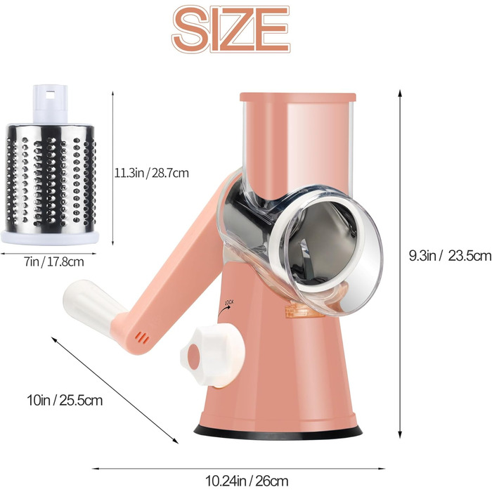 Ручна тертка Ourokhome Rotary: тертка для овочів, сиру, горіхів, картоплі, моркви, кабачків (рожева) з 3 лезами