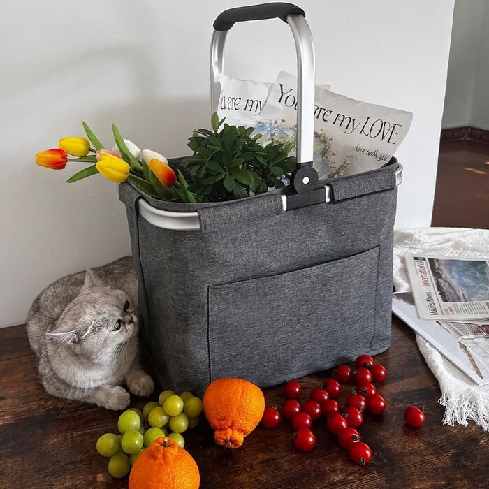 30L Family Shopping Bag Shopping Basket Foldable Carrying Basket Large Picnic Basket Folding Basket Travel Bag Practical Shopping Basket with Padded Handles - ideal for Travel/Picnic/Shopping/Gift