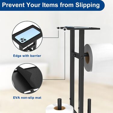Stainless Steel Toilet Paper Holder with Brush - Standing Toilet Paper Roll Holder with Tray and Glass Shelf (Matte Black)