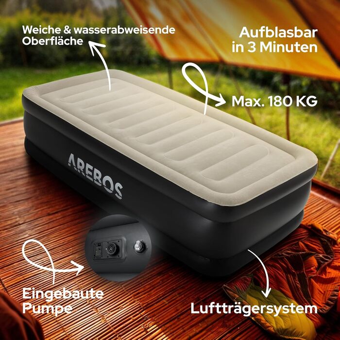Надувний матрац Arebos | Самостійно надувний матрац 203 × 95 × 51 см для 1 особи | Гостьовий матрац з електричним насосом | Надувний матрац з сумкою для транспортування для кемпінгу/вдома | Сірий/Антрацит