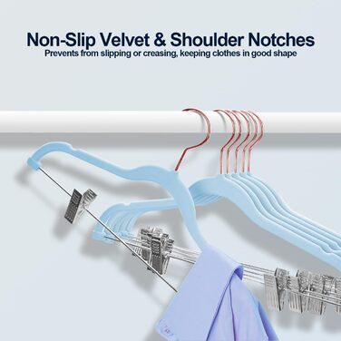 Stormix Trouser Hangers, 18-Pack Vevlt Skirt Hangers with Clips, Sturdy Clothes Hangers for Shorts, Trousers, Skirts, Dresses, Jackets, Coats, Blue (Hook in Rose Gold)