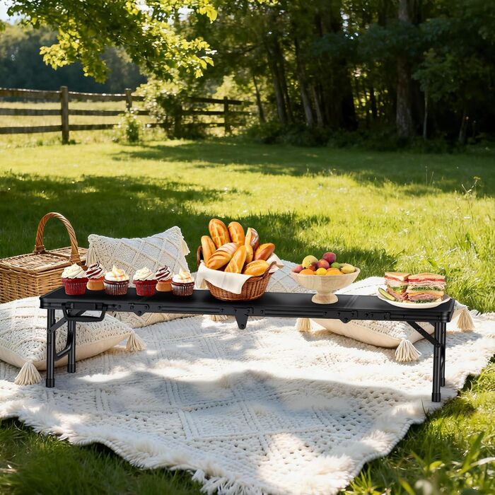 Складний кемпінговий стіл FUNYKICH 116x40x26 см, алюмінієвий, з MDF стільницею, чорний - для пікніка, пляжу, балкону