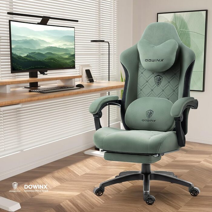 Ігровий крісло Dowinx з підігрівом та масажем попереку, з кишенею, подушкою та підніжкою, 150 кг, зелений