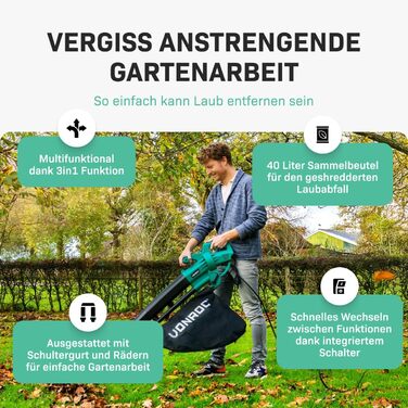 VONROC Electric Leaf Blower 3300W - 3-in-1 Leaf Collector Function - Blow 270km/h, Vacuum, Shred - Includes 40L Collection Bag