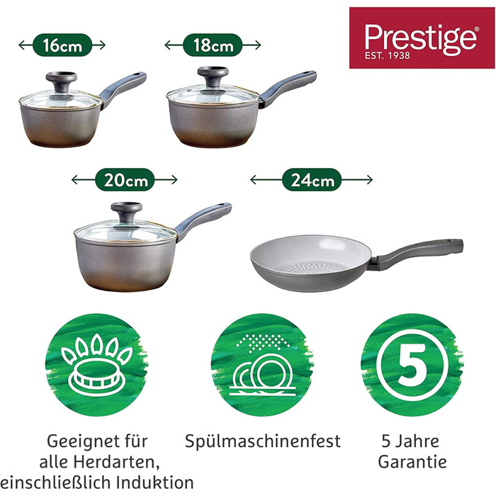 Prestige Earth Pan Cookware Pot Induction - 28cm / 7.5L - Non-Stick Ceramic, Recycled & Recyclable, Non-Toxic, Dishwasher Safe, Easy-Grip Handles (Cookware Set, 4 piece)