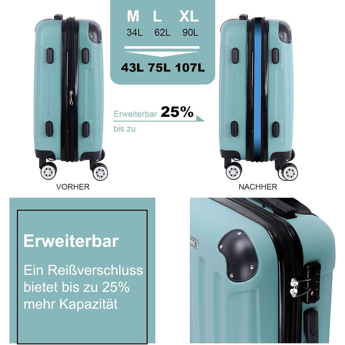 Набір валіз 3er - міцні валізи з ABS-корпусом, TSA-замок, розширюваний об'єм - M, L, XL, захист кутів, колеса на 360°, телескопічна ручка, підходить для ручної поклажі & штабелювання Green