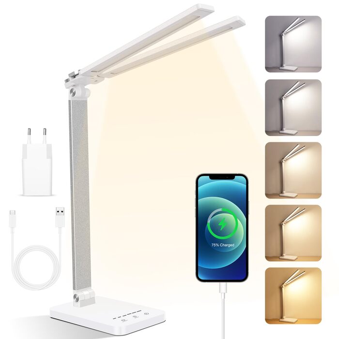 LED-лампа настільна з бездротовою зарядкою та годинником - настільна лампа з регулюванням яскравості, USB-порт, 3 режими, білий колір (Mt862-eu-white)