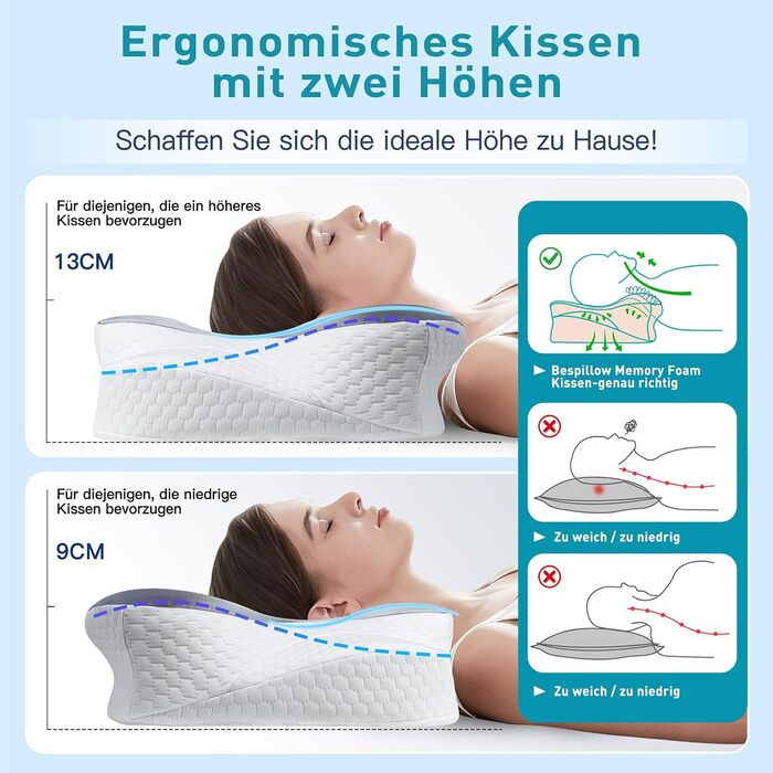 Подушка для шиї Fwoueot з піною з пам'яті, підтримуюча, для тих, хто спить на боці, спині та животі (сіра)