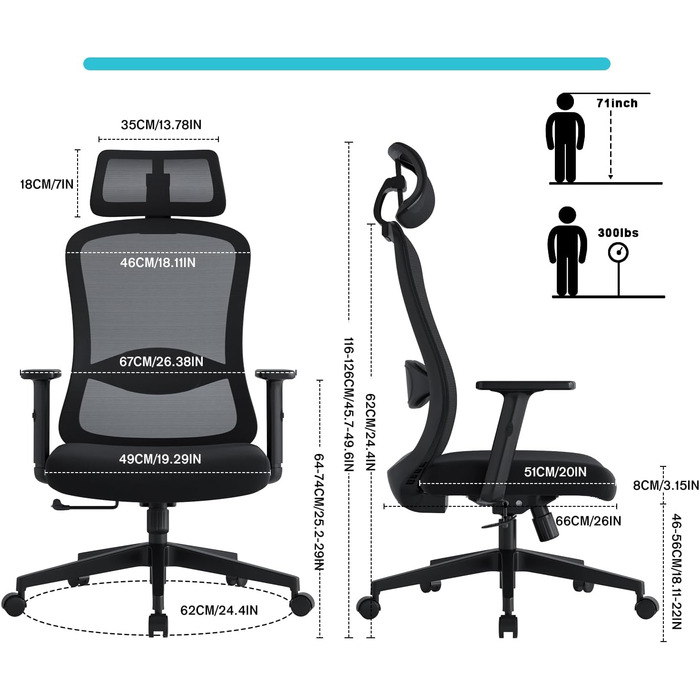 Ергономічне крісло для офісу, обертовий офісний стілець з подушкою для попереку, регульовані підголівник та підлокітники, крісло для керівника до 150 кг (Чорний)