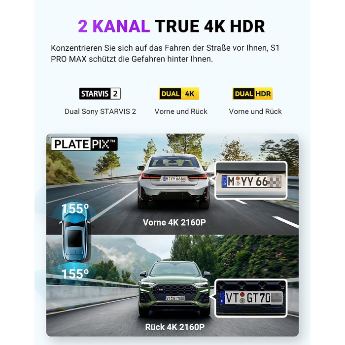 Автомобільний відеореєстратор VANTRUE S1 PRO MAX 4K + 4K з двома камерами (передня та задня), Sony STARVIS 2, нічна зйомка HDR, 24Гдн режим паркування, 5.8ГГц Wi-Fi, GPS, ADAS, підтримка LTE та карт пам'яті до 1ТБ