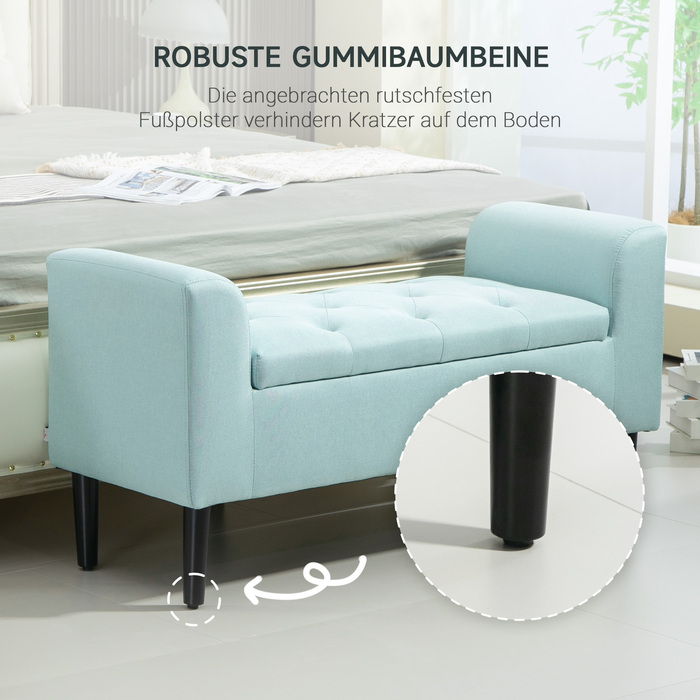HOMCOM Bench with Cushion and Storage Space, Chest Bench, Entryway, Bedroom, Living Room, Linen-like Polyester, Rubber Wood, Green, 100 x 40 x 44 cm | Aosom