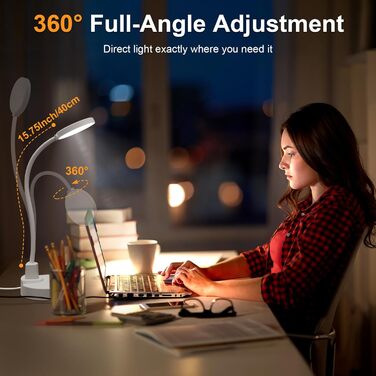 LED лампа настільна 15W з USB-A та USB-C – диммування, 3 колірні температури, 5 рівнів яскравості, таймер, гнусий 360° шийка, захист очей, для офісу та спальні (біла, 3.5 дюйма)