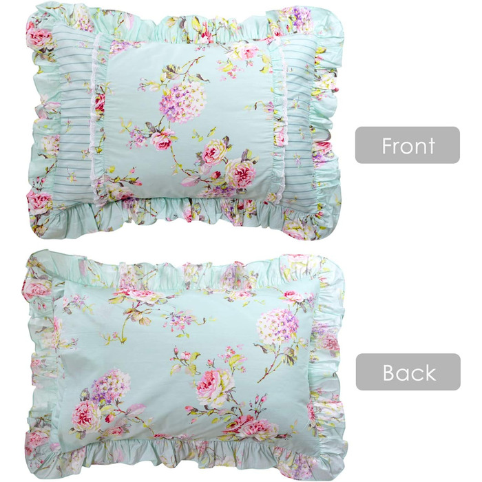 FADFAY Pillow Covers in Farmhouse Style, Roses and Hydrangeas Blue-Green, Striped, Elegant Country Style, 100% Cotton, Vintage Style, Lace, Ruffles, Bedding, Pillowcases, exquisite